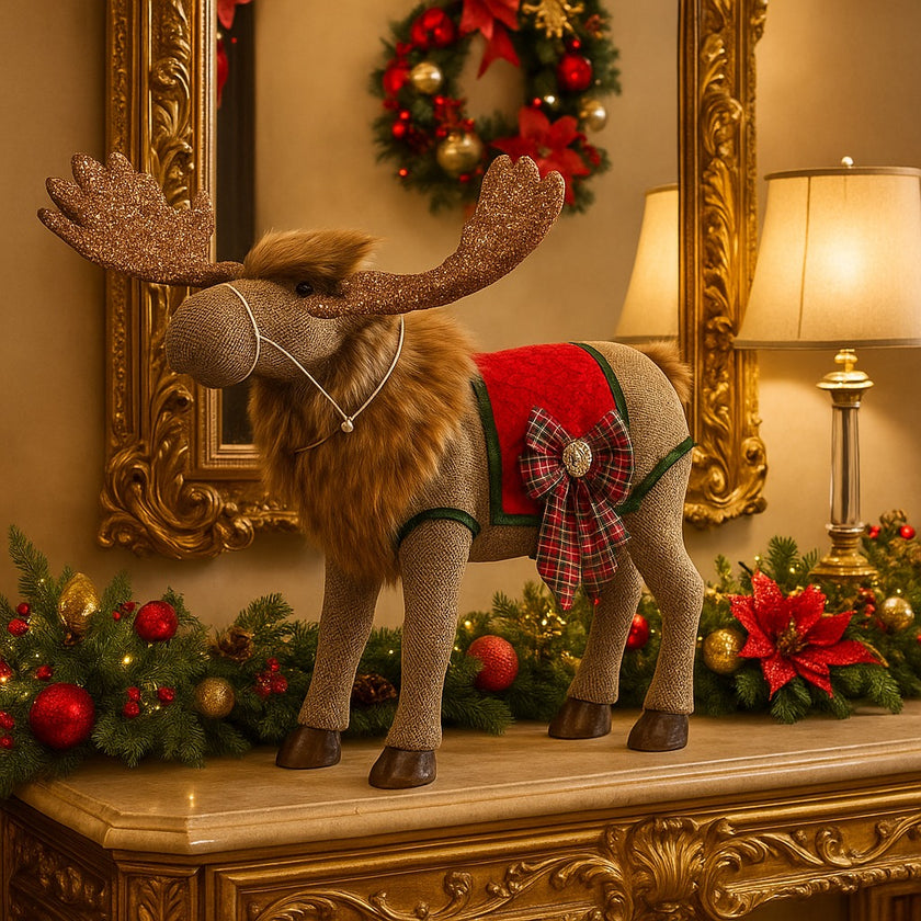 Ren decorativ de Crăciun, din material textil, cu coarne aurii și sclipitoare, așezat pe un bufet din lemn auriu, cu blat de marmură. Bufetul este decorat de Crăciun