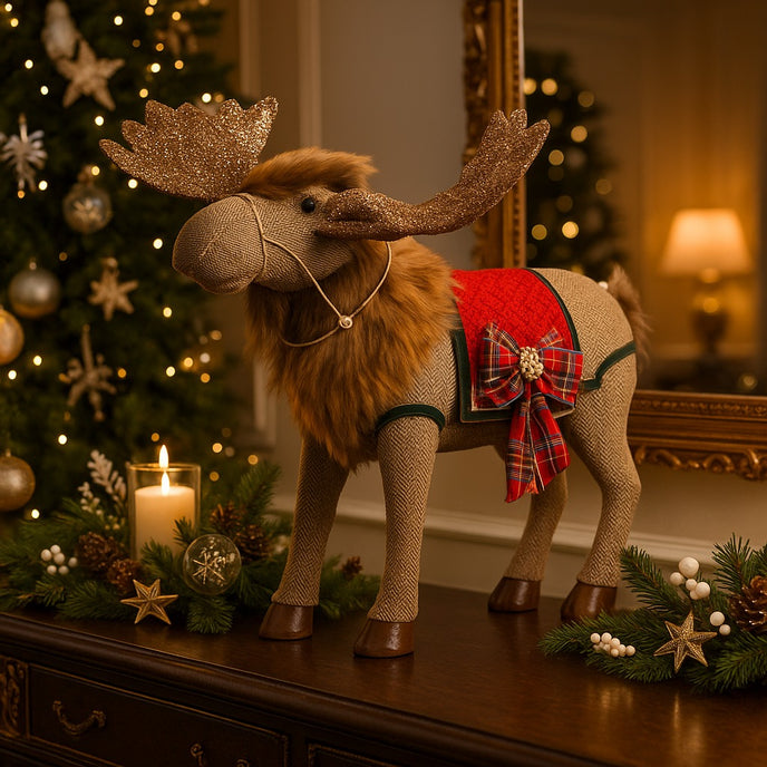Ren decorativ de Crăciun, din material textil, cu coarne aurii și sclipitoare, așezat pe un bufet din lemn maro, decorat de Crăciun