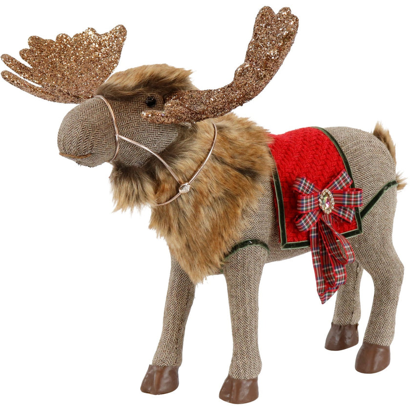 Ren decorativ de Crăciun, din material textil, cu coarne aurii și sclipitoare