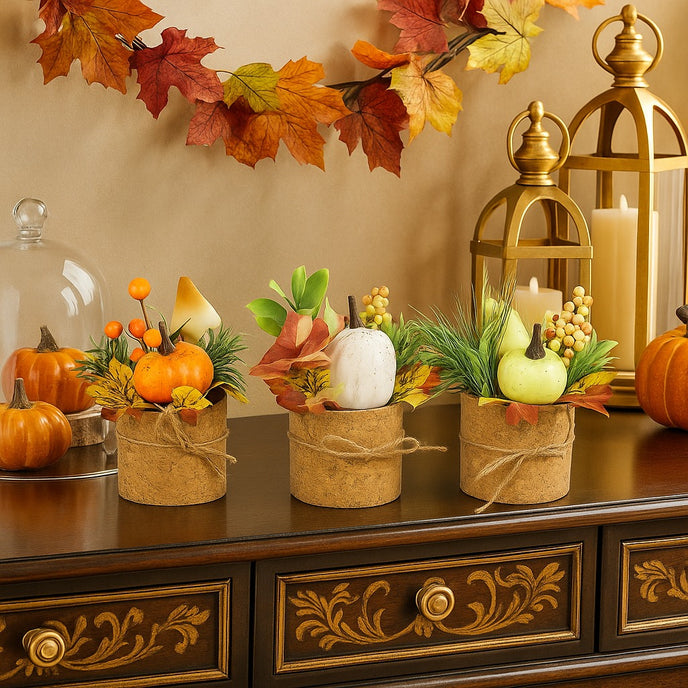 Set 3 aranjamente dovlecei de toamnă în ghiveci de plută, așezate pe un bifet luxos din lemn maro, decorat de toamnă