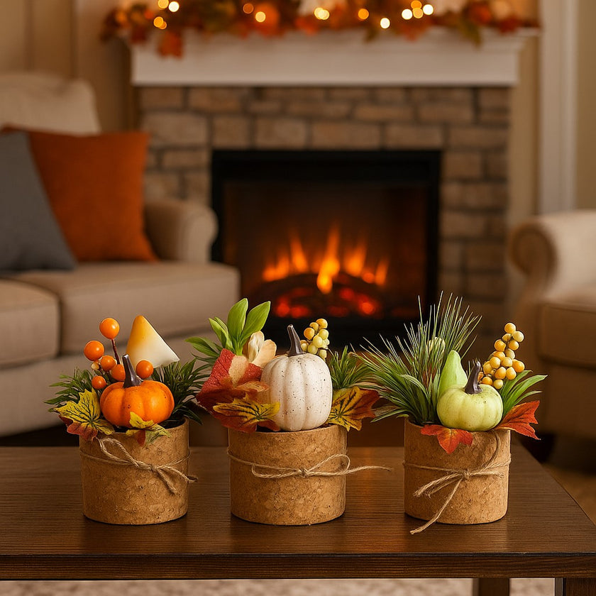 Set 3 aranjamente dovlecei de toamnă în ghiveci de plută, așezate pe o masă de lemn, maro, in living room