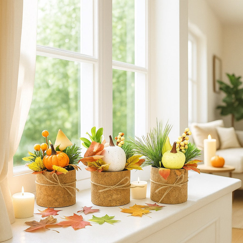 Set 3 aranjamente dovlecei de toamnă în ghiveci de plută, așezate pe un pervaz alb, decorat de toamnă