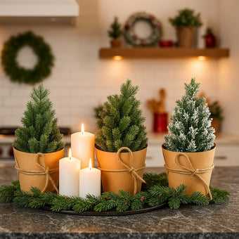 Set 3 brazi decorativi de Crăciun, în ghiveci de hârtie, asezați pe un blat negru de bucătărie, decorat de Crăciun