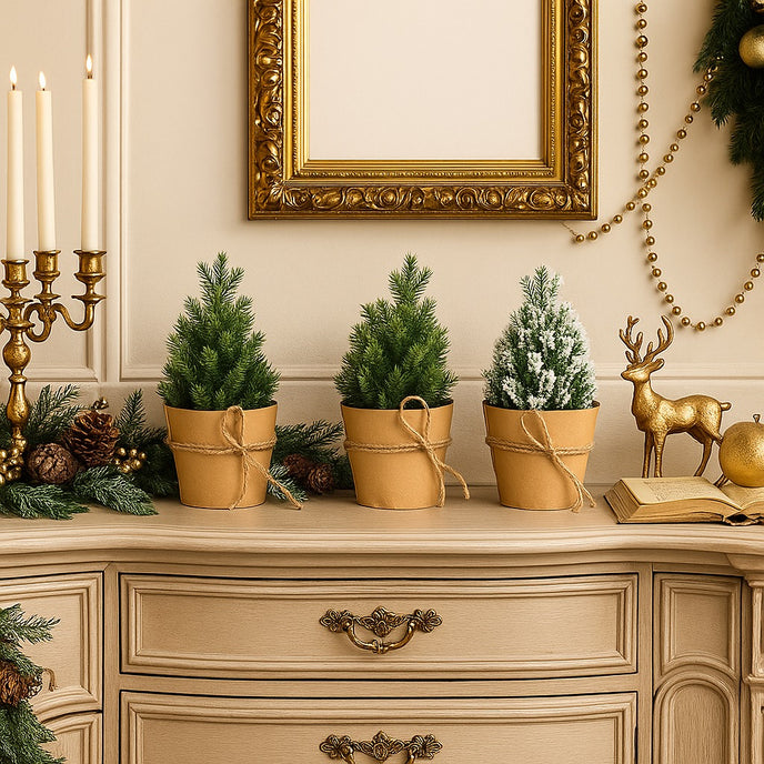 Set 3 brazi decorativi de Crăciun, în ghiveci de hârtie, asezați pe un bufet din lemn, bej, decorat de Crăciun