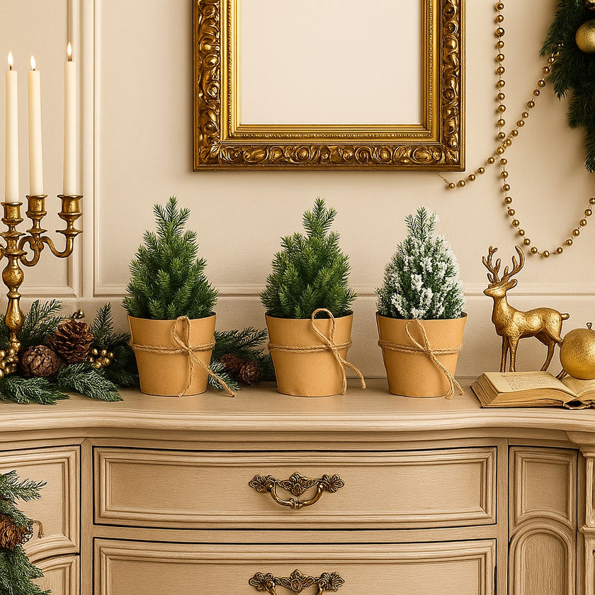 Set 3 brazi decorativi de Crăciun, în ghiveci de hârtie, asezați pe un bufet din lemn, bej, decorat de Crăciun