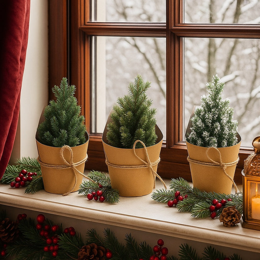 Set 3 brazi decorativi de Crăciun, în ghiveci de hârtie, asezați pe de piatră, decorat de Crăciun