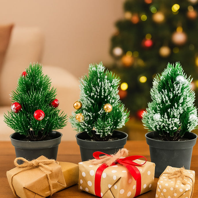 Set 3 brazi decorativi cu globuri, în ghiveci negru, așezate pe o masa de lemn maro. În fața lor se află 3 cadouri ambalate de Crăciun