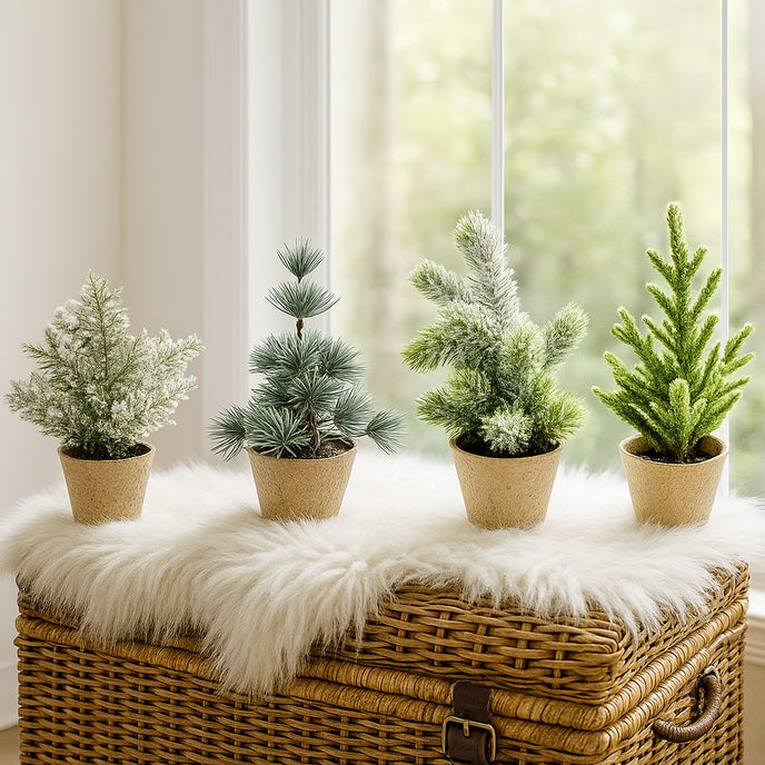 Set brazi artificiali decorativi Crăciun așezati pe blană albă, aflată pe o ladă de răchită, în fața unui geam