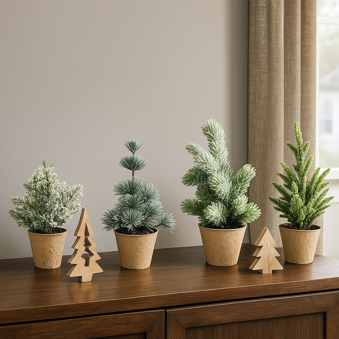 Set brazi artificiali decorativi Crăciun așezati pe un bufet maro de lemn, lângă o fereastră