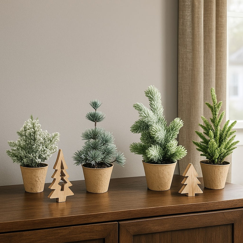 Set brazi artificiali decorativi Crăciun așezati pe un bufet maro de lemn, lângă o fereastră