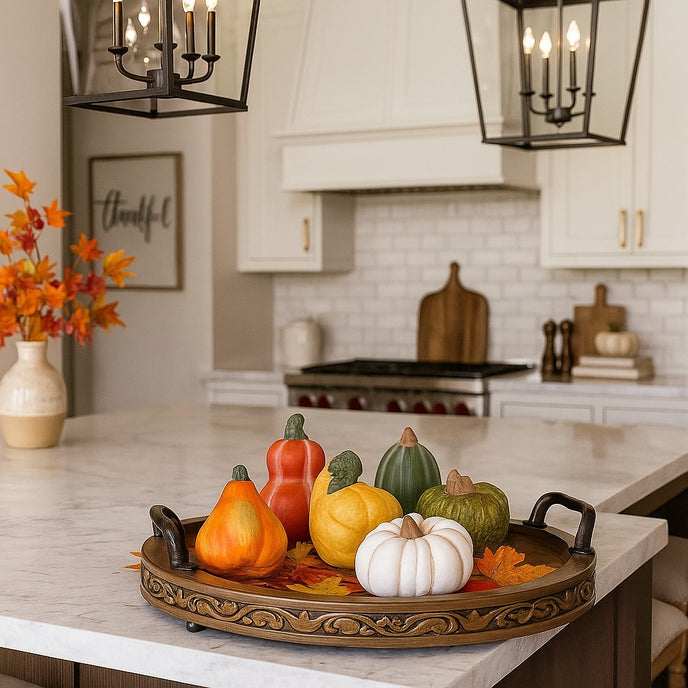 Set dovleci decorativi din ceramică, pentru toamnă și Halloween, așezați pe o tavă din lemn, așezată pe un blat alb de bucătărie