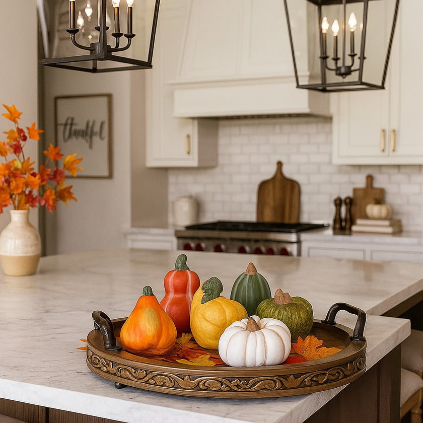 Set dovleci decorativi din ceramică, pentru toamnă și Halloween, așezați pe o tavă din lemn, așezată pe un blat alb de bucătărie