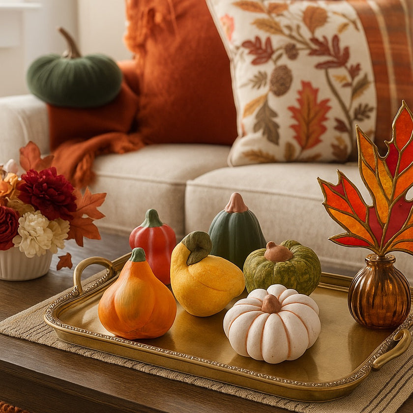 Set dovleci decorativi din ceramică, pentru toamnă și Halloween, așezați pe o tavă aurie din metal. decorată de toamnă