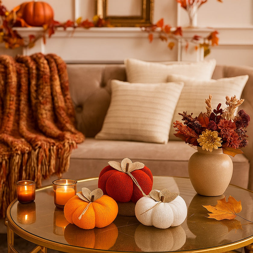 Set de 3 dovleci decorative, textile, de culoare portocaliu roșu și alb, așezați pe o masă aurie, cu blat din sticlă, decorată de toamnă