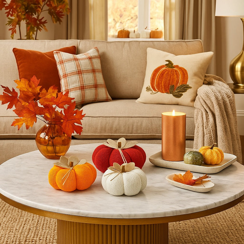 Set de 3 dovleci decorative, textile, de culoare portocaliu roșu și alb, așezați pe o masă cu blat de marmură, decorată de toamnă