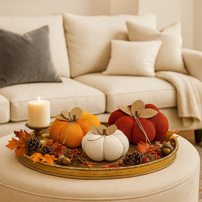 Set de 3 dovleci decorative, textile, de culoare portocaliu roșu și alb, așezați pe o tavă aurie, decorată de toamnă
