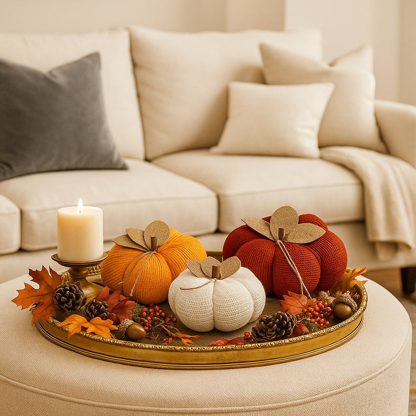 Set de 3 dovleci decorative, textile, de culoare portocaliu roșu și alb, așezați pe o tavă aurie, decorată de toamnă