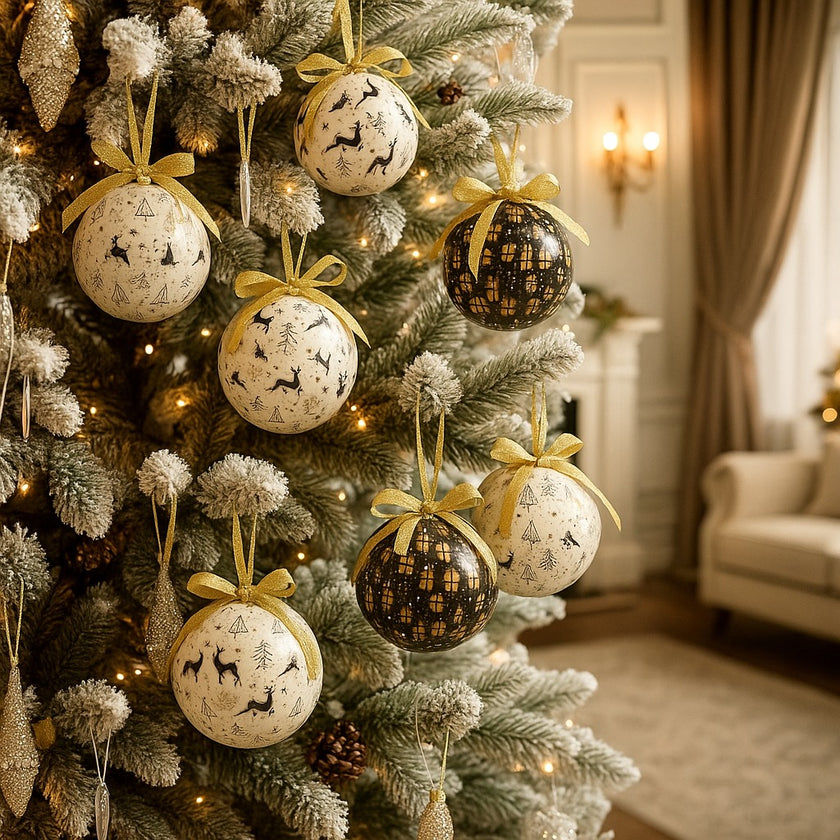 Set globuri de Crăciun in culori de alb, negru și auriu agățate pe un brad alb, decorat de Crăciun