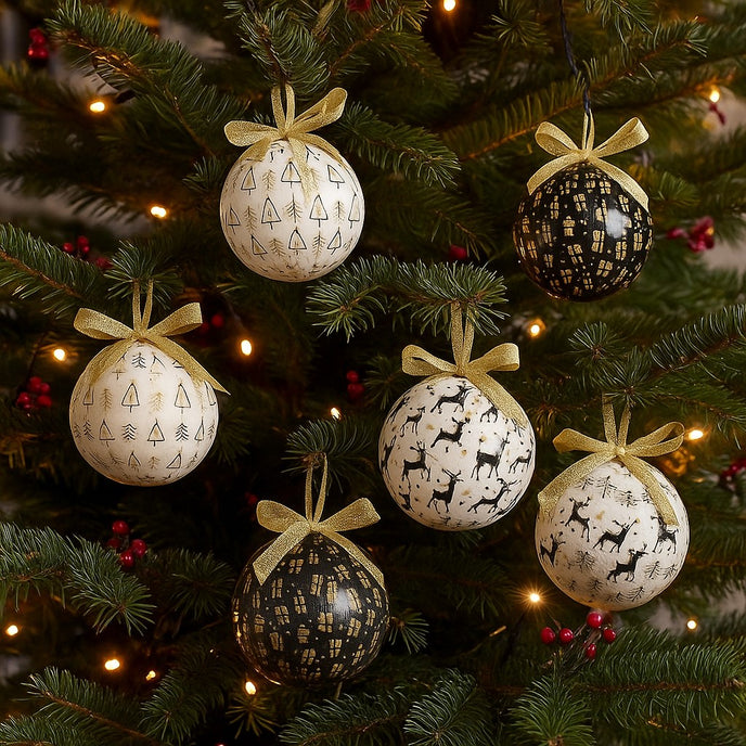 Set globuri de Crăciun in culori de alb, negru și auriu agățate pe un brad verde, decorat de Crăciun