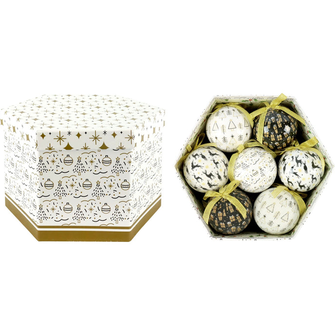 Set globuri de Crăciun in culori de alb, negru și auriu așezate într-o cutie de prezentare. 