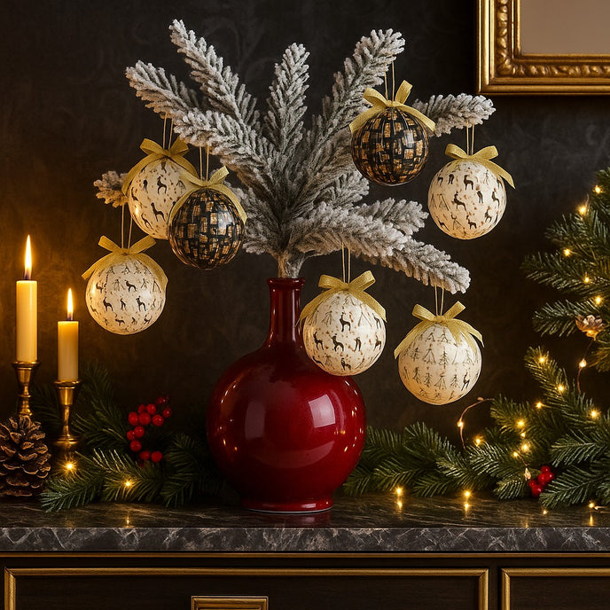 Set globuri de Crăciun in culori de alb, negru și auriu agățate pe o ramură de brad ce se află într-o vză roșie. Vaza este pe un bufet decorat de Crăciun