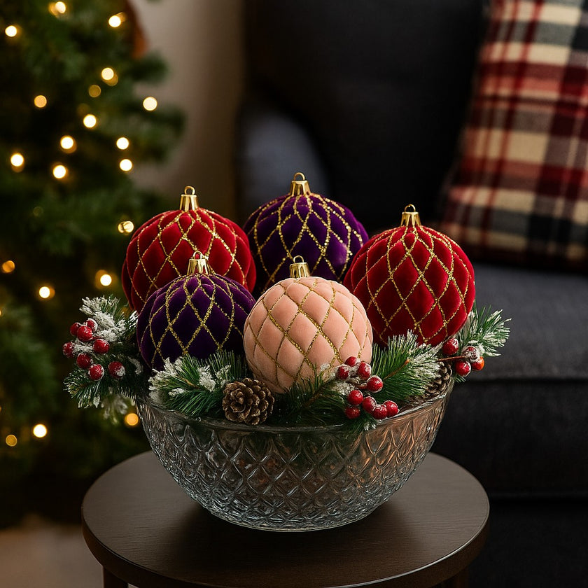 Set de globuri din catifea, de Crăciun, așezate într-un bol de sticlă decorat de Crăciun. Bolul este pe o masă rotundă din lemn