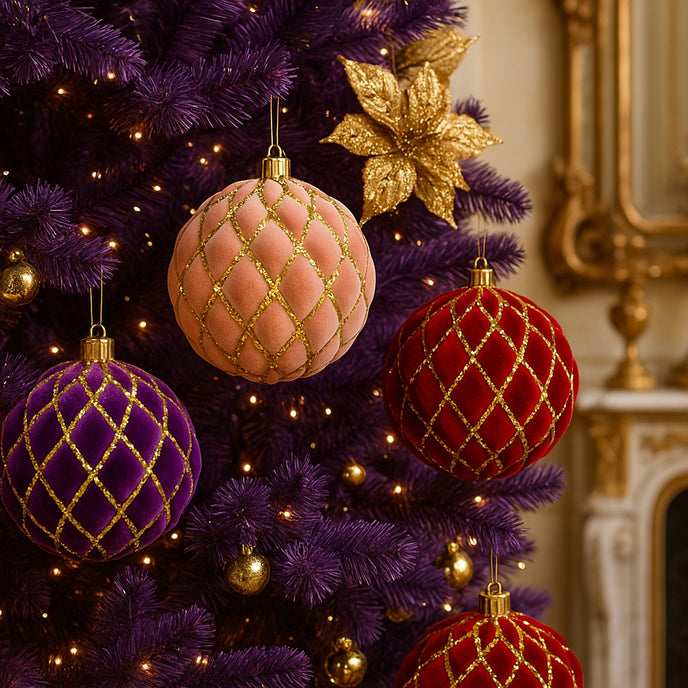 Set de globuri din catifea, de Crăciun agățate într-un brad mov, decorat de Crăciun