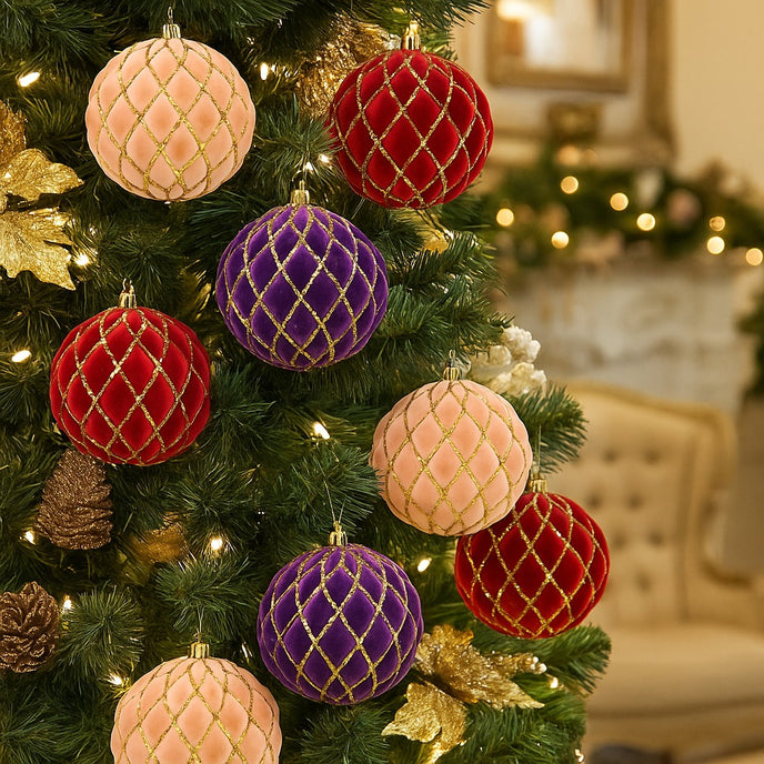 Set de globuri din catifea, de Crăciun agățate într-un brad verde decorat de Crăciun