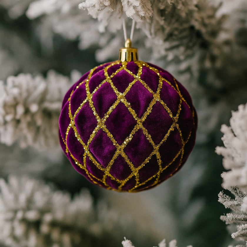 Glob mov din catifea, de Crăciun, agățat pe un brad alb nins