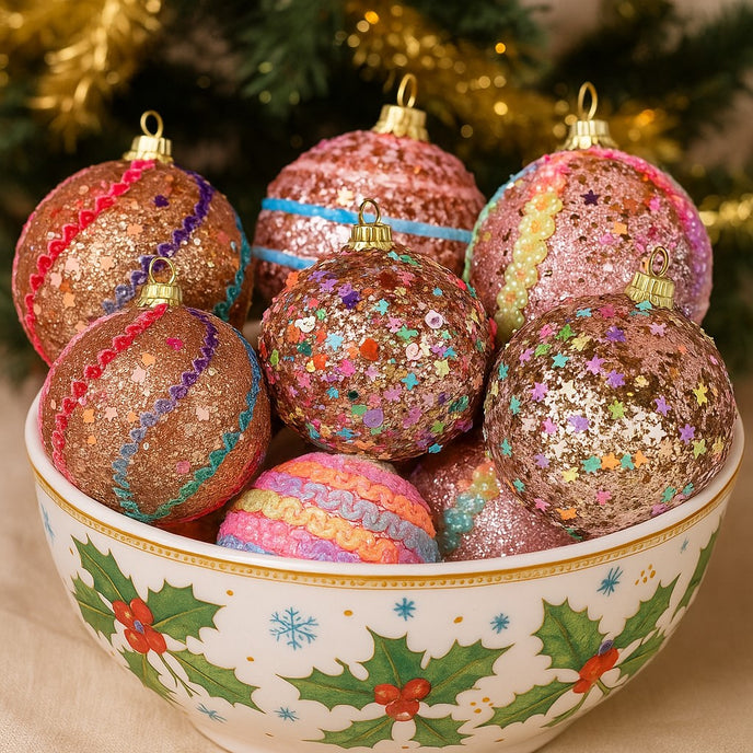 Set globuri de Crăciun, colorate cu paiete și sclipici, așezate într-un bol de ceramică alb, cu motive de vâsc pe el