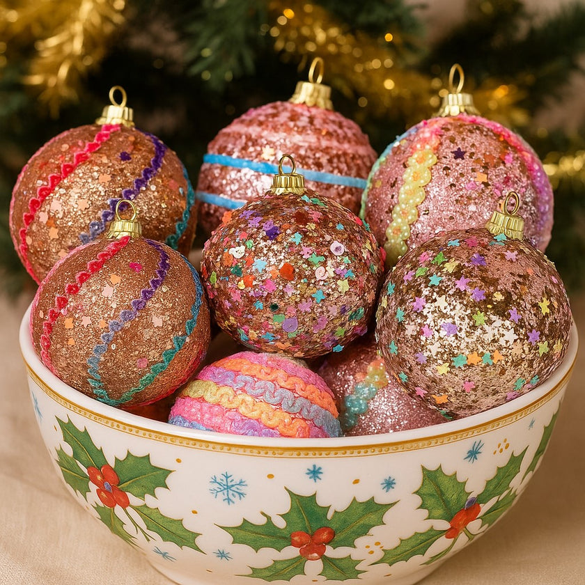 Set globuri de Crăciun, colorate cu paiete și sclipici, așezate într-un bol de ceramică alb, cu motive de vâsc pe el