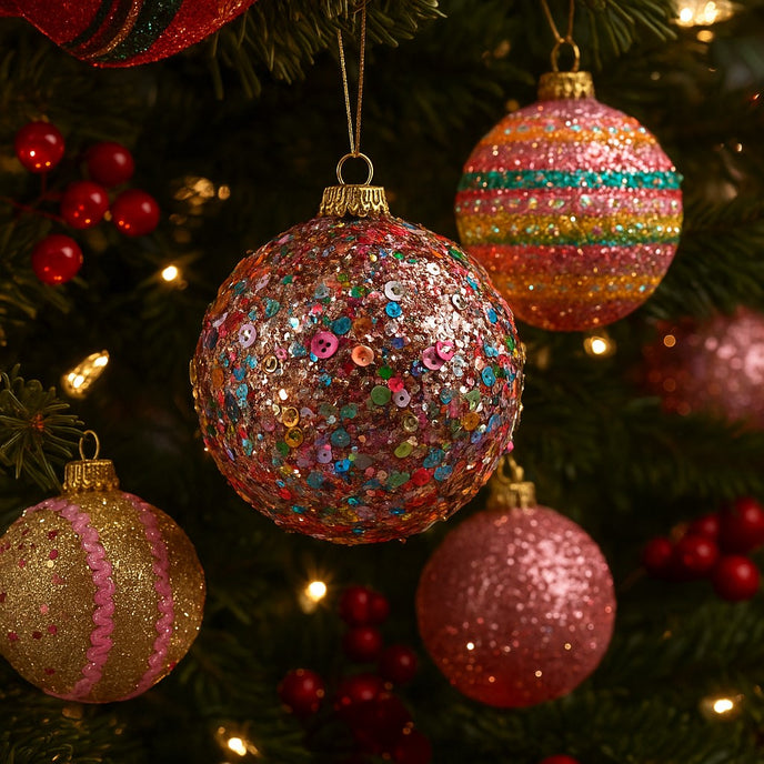 Set globuri de Crăciun, colorate cu paiete și sclipici, agățate pe un brad decorat de Crăciun
