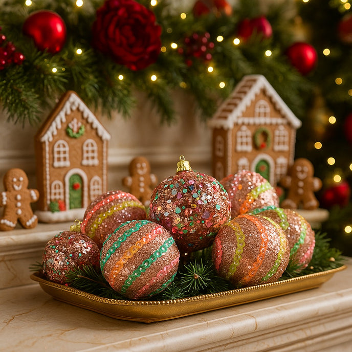 Set globuri de Crăciun, colorate cu paiete și sclipici, așezate pe o tavă metalică, aurie, ce se află pe un blat de marmură, decorat de Crăciun