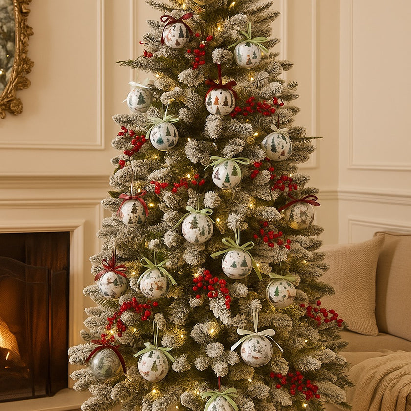 Set globuri de Crăciun cu imprimeuri de iarnă așezate pe un brad nins decorat de Crăciun. Bradul se află într-un living room în fața unui șemineu