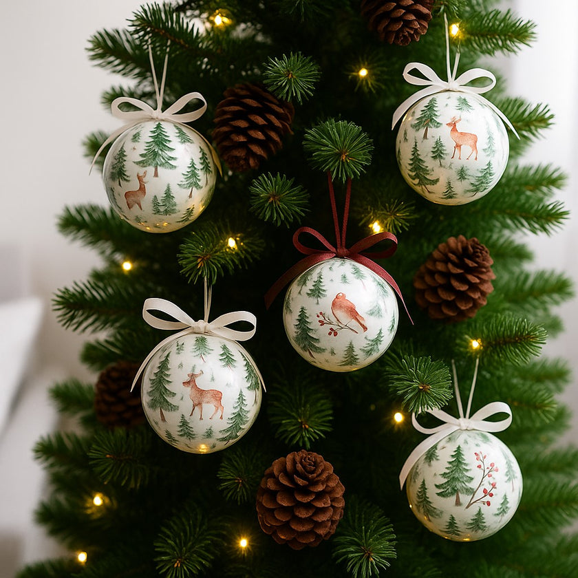 Set globuri de Crăciun cu imprimeuri de iarnă așezate pe un brad verde cu conuri maro