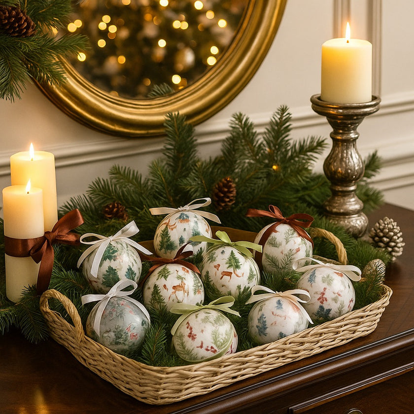 Set globuri de Crăciun cu imprimeuri de iarnă așezate pe o tava de răchită. Tava este așezată pe un bufet de lemn decorat e Crăciun