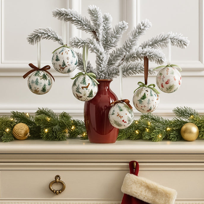 Set globuri de Crăciun cu imprimeuri de iarnă așezate pe o ramură de brad ninsă. Ramura este pusă îtnr-o vază mică, roșie iar vaza este așezată pe un bufet decorat de Crăciun