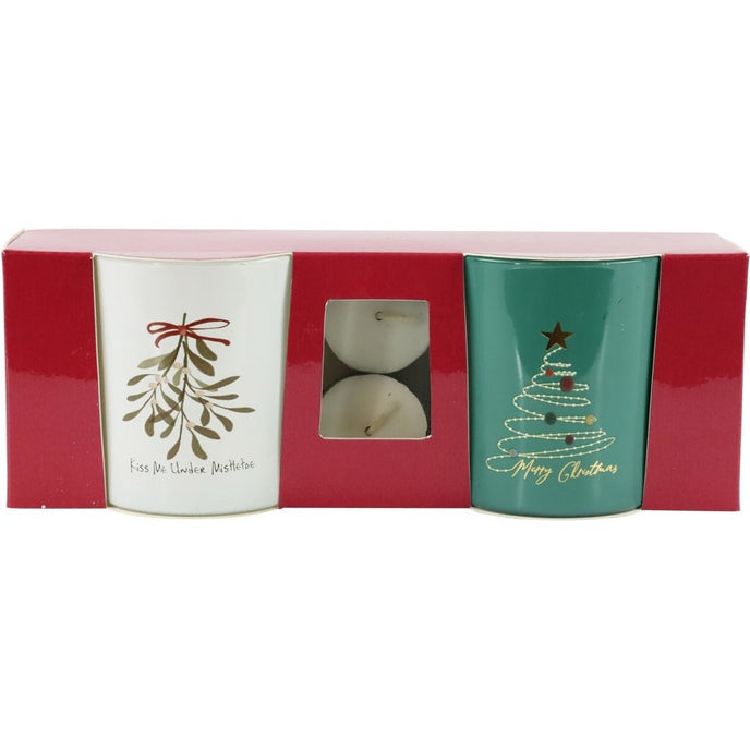 Set de două suporturi din sticlă, cu brad și vâsc, pentru lumânări decorative de Crăciun prezentate în ambalaj original