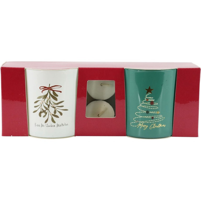 Set de două suporturi din sticlă, cu brad și vâsc, pentru lumânări decorative de Crăciun prezentate în ambalaj original