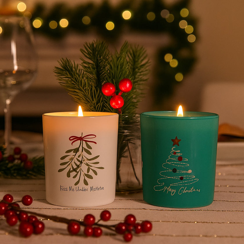 Set de două suporturi din sticlă, cu brad și vâsc, pentru lumânări decorative de Crăciun, aprinse, așezate pe o masă festivă, decorată de Crăciun