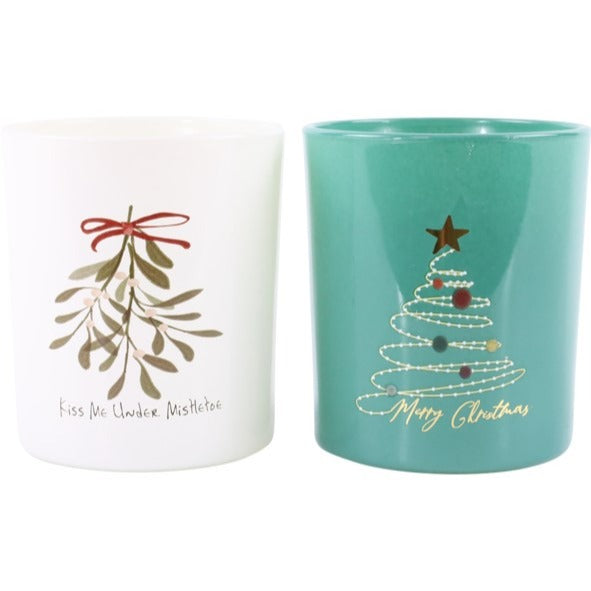 Set de două suporturi din sticlă, cu brad și vâsc, pentru lumânări decorative de Crăciun