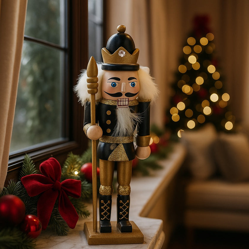 Spărgător de nuci cu coroană, negru cu auriu așezat pe pervaz din marmură, decorat de Crăciun