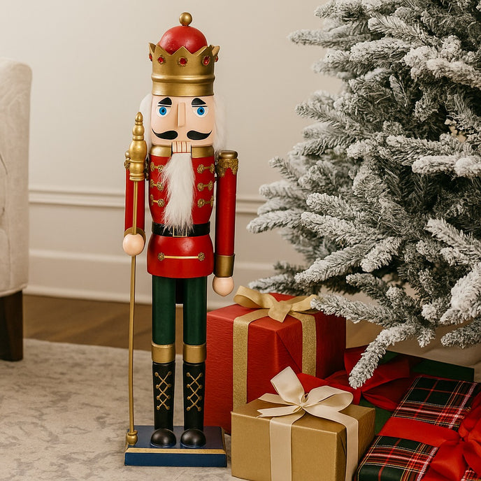 Spărgător de nuci roșu și verde cu coroană și sceptru așezat lângă un brad alb și 4 cutii cadou cu fundă