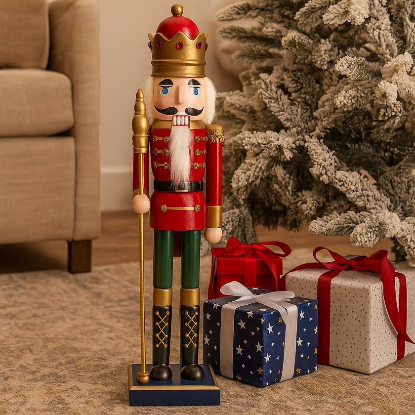 Spărgător de nuci roșu și verde cu coroană și sceptru așezat lângă un brad  și trei cutii cadou cu fundă
