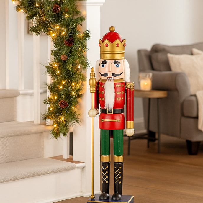 Spărgător de nuci roșu și verde cu coroană și sceptru așezat lângă scară în living decorată de Crăciun