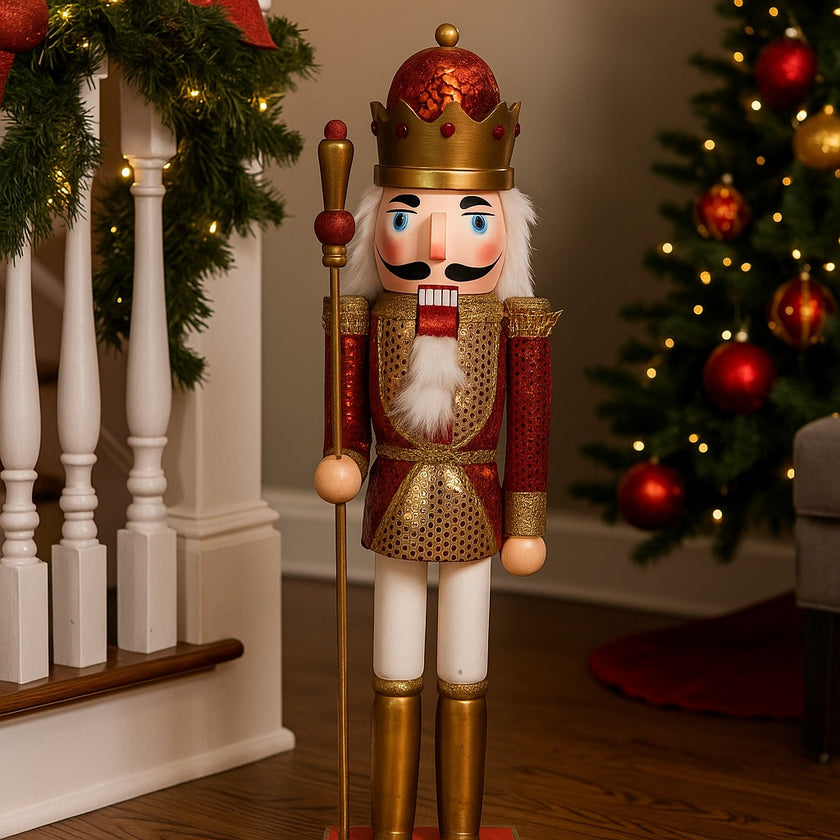 Spărgător de nuci Crăciun roșu și auriu așezat în fața unei scări albe, decorate de Crăciun