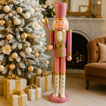 Spărgător de nuci roz cu sclipici și sceptru auriu așezat lângă un brad nins și cutii cadou cu fundă aurie