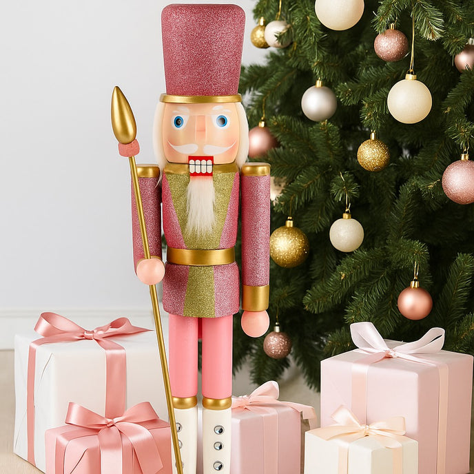 Spărgător de nuci roz cu sclipici și sceptru auriu așezat lângă un brad decorat de Crăciun și cutii cadou cu fundă