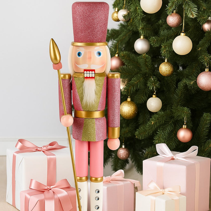 Spărgător de nuci roz cu sclipici și sceptru auriu așezat lângă un brad decorat de Crăciun și cutii cadou cu fundă