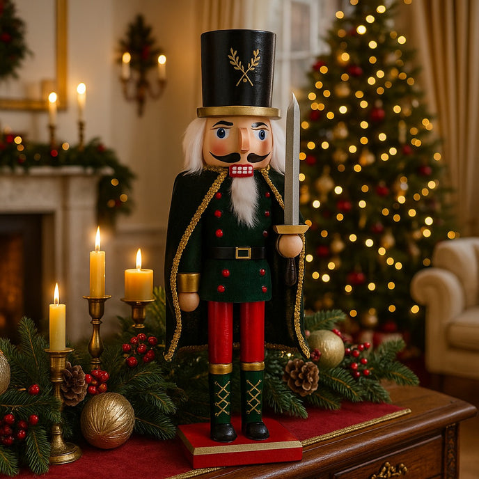 Spărgător de nuci decorativ cu sabie și mantie neagră așezat pe un bufet din lemn maro decorat de Crăciun